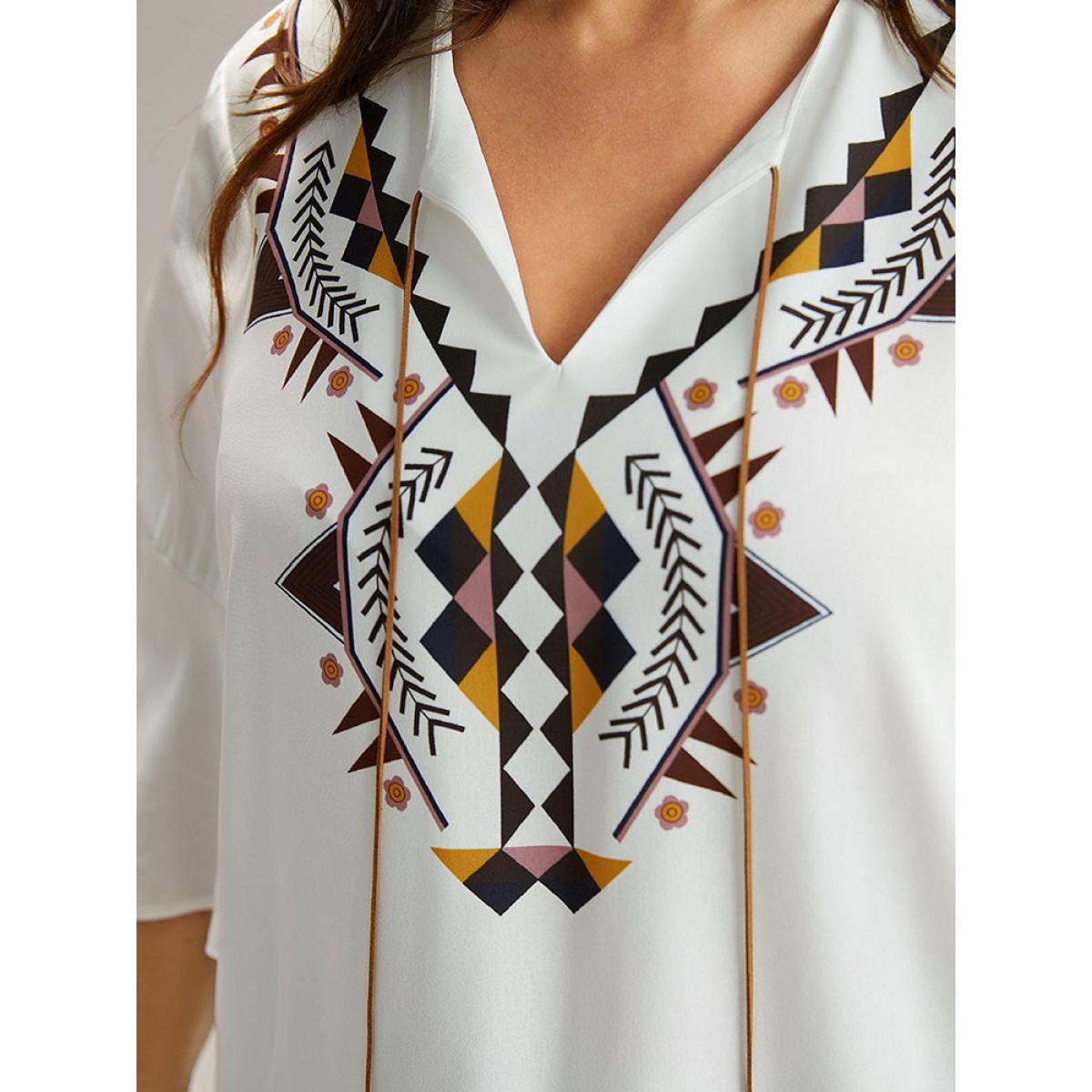 Plus Size White Bandana Patchwork Tassel Trim Flutter Sleeve Blouse Women Vacation Half Sleeve Tie Neck Vacation Blouses BloomChic 30/6X Product Image