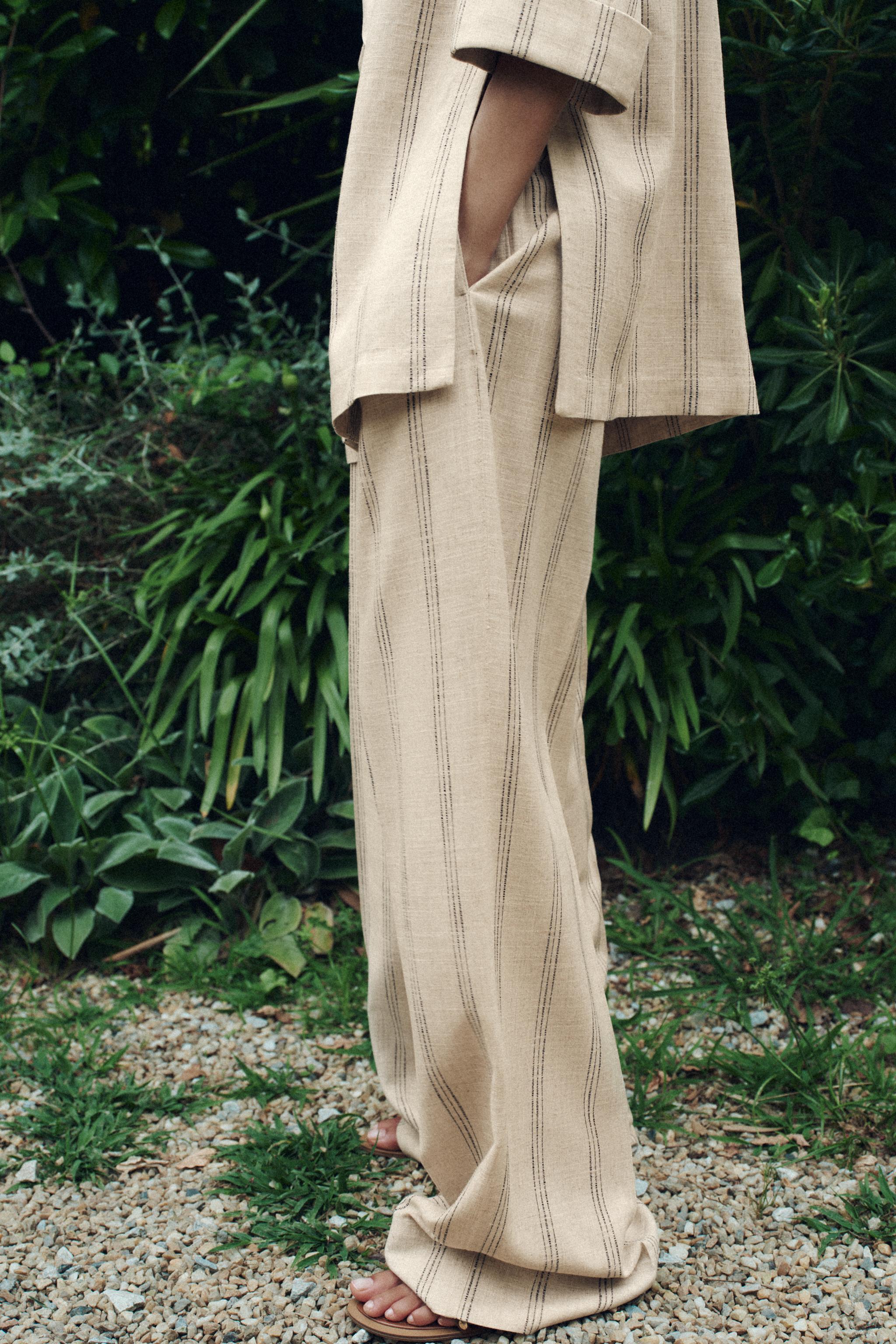 LINEN BLEND STRIPED WIDE LEG PANTS Product Image