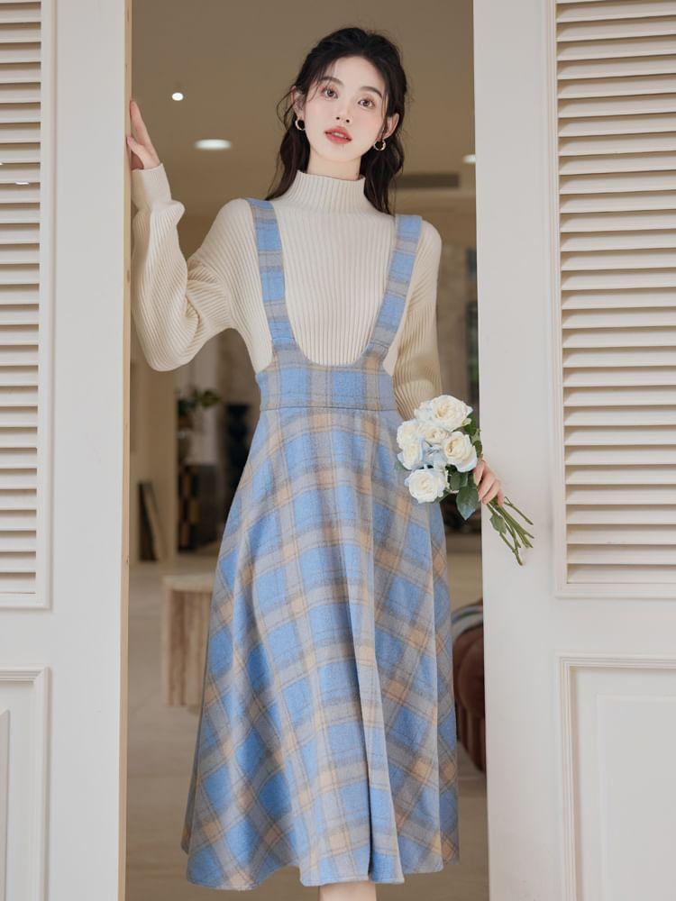 Set: Mock Neck Plain Ribbed Sweater + Plaid Midi A-Line Suspender Skirt Product Image