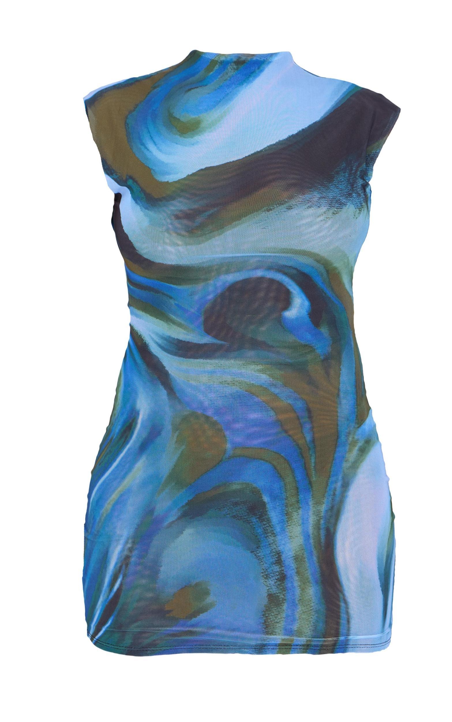 Blue Abstract Mesh Floral Print Mini Dress Product Image