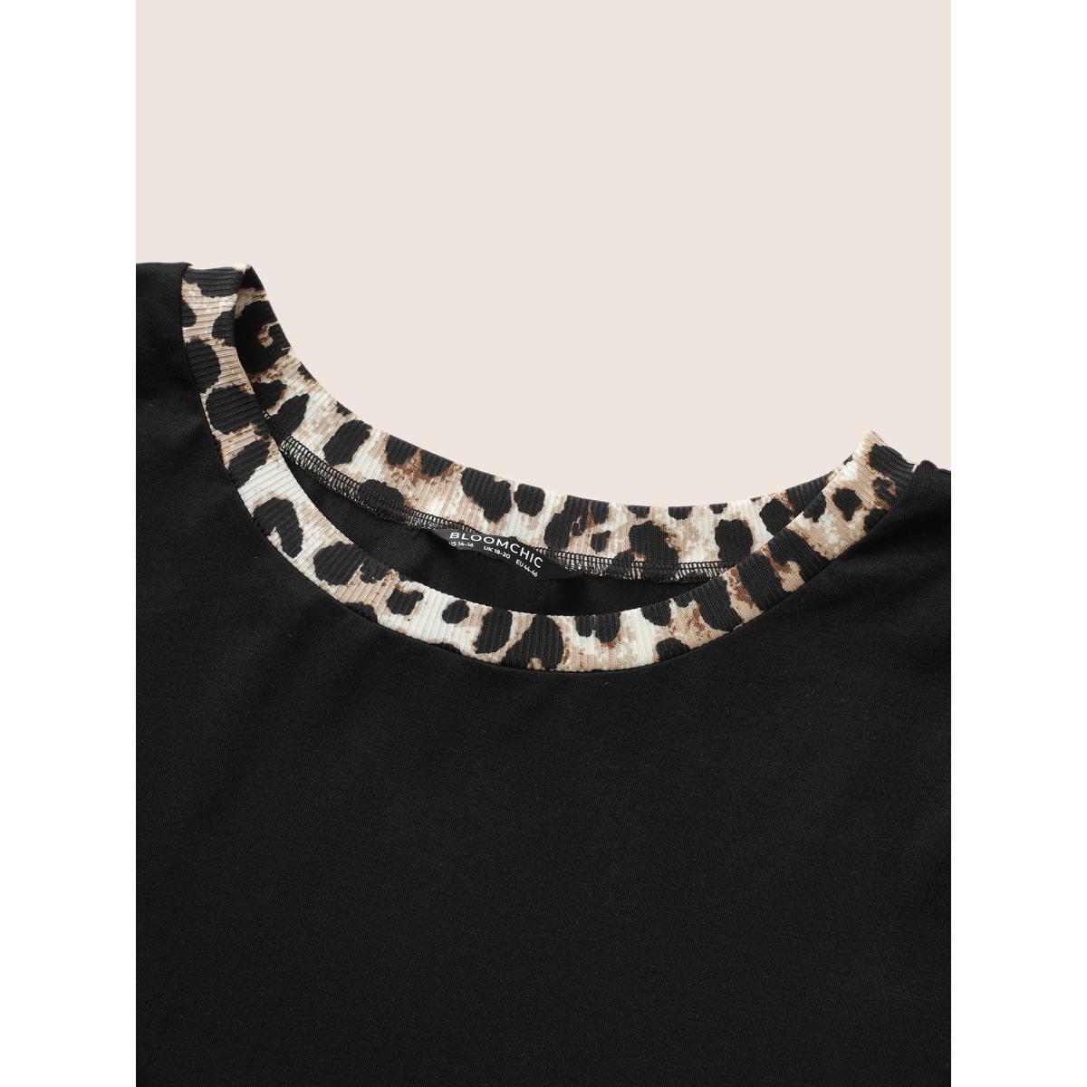 Plus Size Round Neck Leopard Print Patchwork T-shirt Black Women Casual Patchwork Leopard Round Neck Everyday T-shirts BloomChic 14-16/1X Product Image