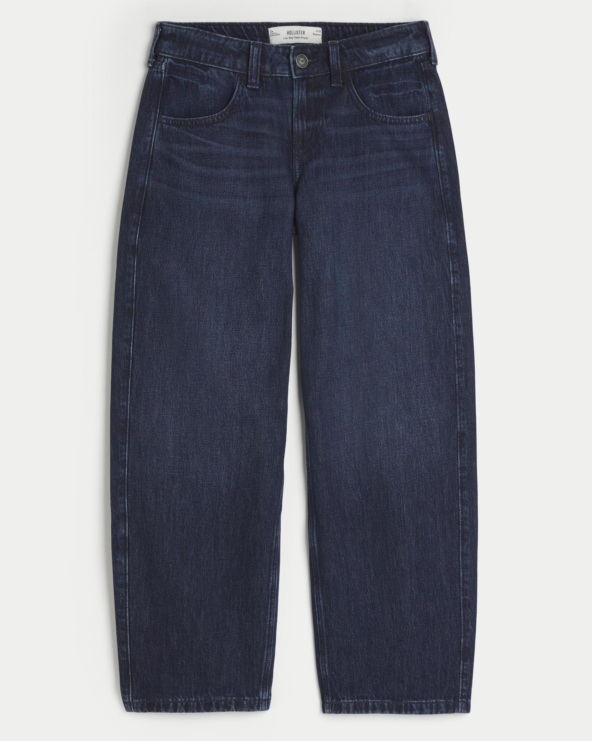 Low-Rise Dark Wash Tapered Baggy Jeans Product Image