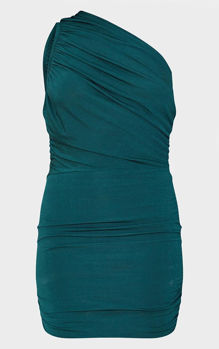 Emerald Green Slinky One Shoulder Ruched Longline Midi Dress Product Image