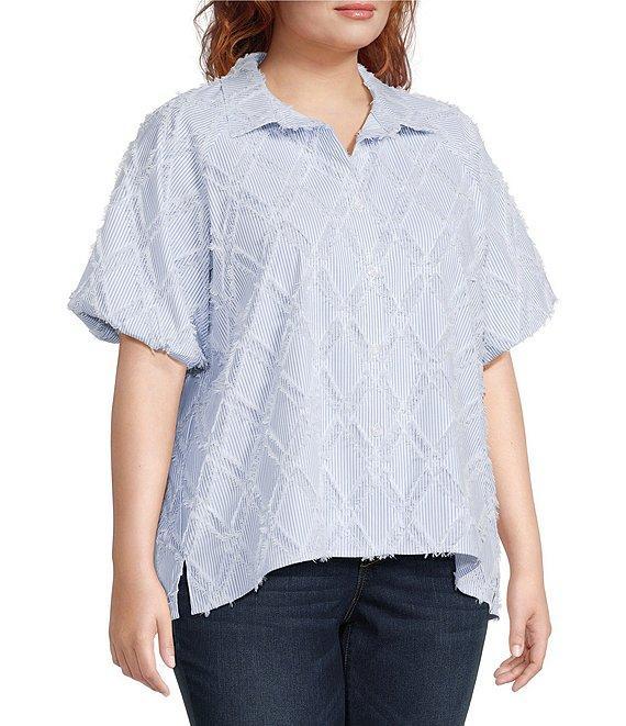 Ali Miles Plus Size Yarn-Dye Clipped Jacquard Printed Point Collar Short Sleeve Button Front Shirt Product Image