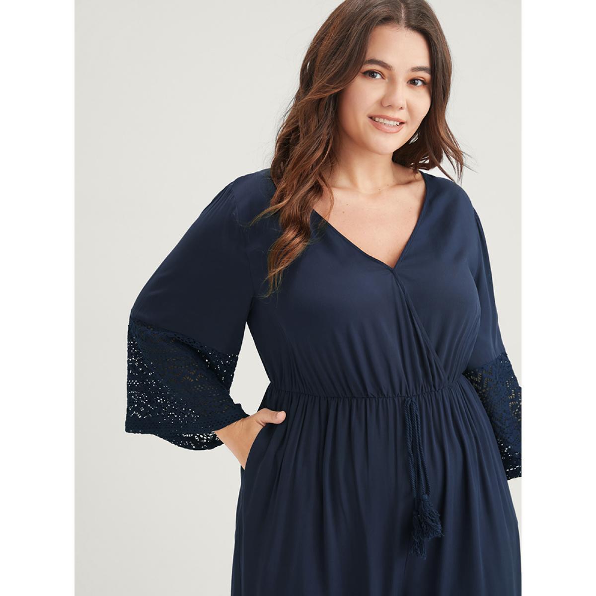 Plus Size Navy Solid Bell Sleeve Pocket Tie Contrast Lace Wrap Jumpsuit Women Elegant Elbow-length sleeve V-neck Dailywear Loose Jumpsuits BloomChic 18-20/2X Product Image