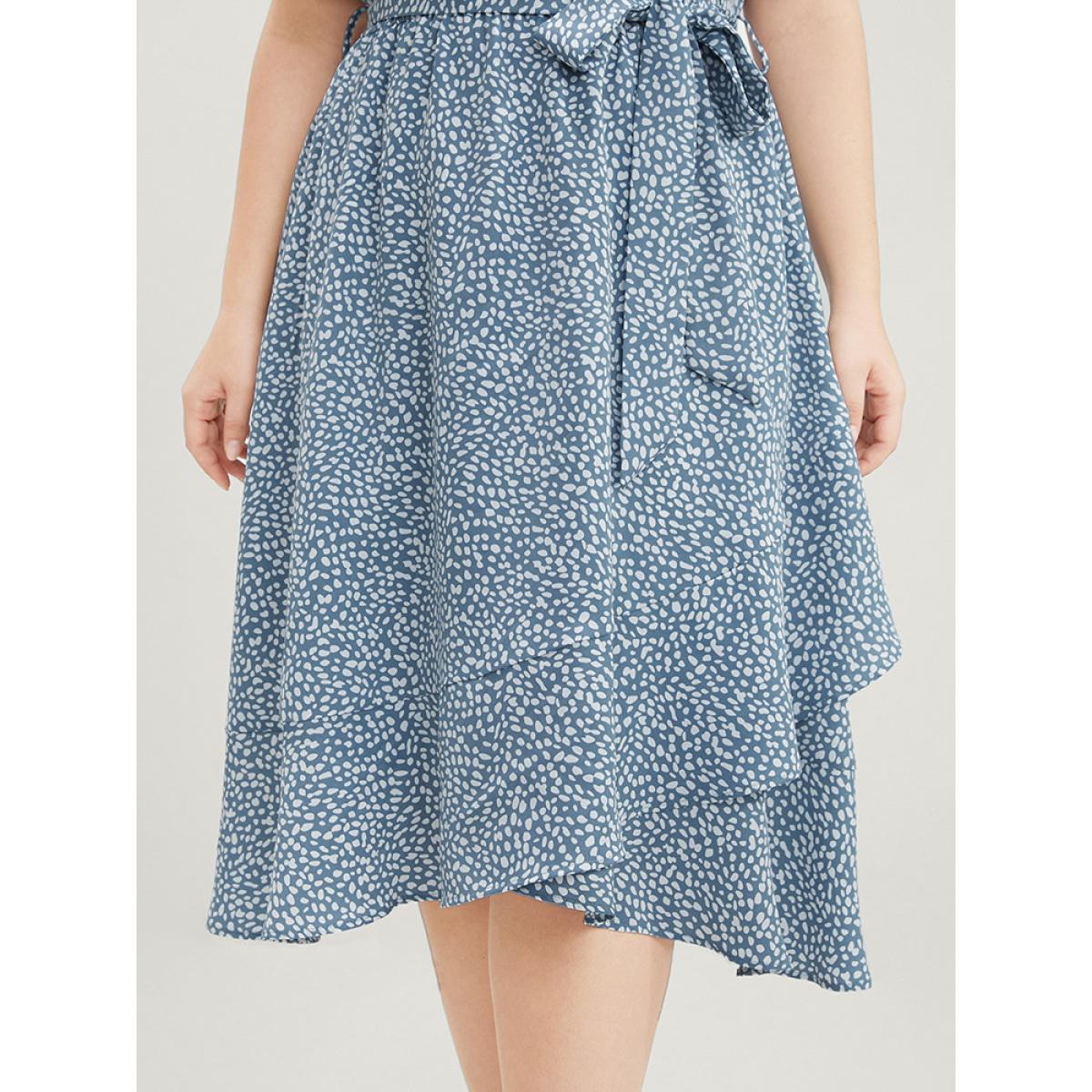 Plus Size Polka Dot Split Sleeve Ruffle Pocket Belted Asymmetrical Hem Dress LightBlue Women Elegant Cross straps V-neck Short sleeve Curvy Midi Dress BloomChic 14-16/1X Product Image