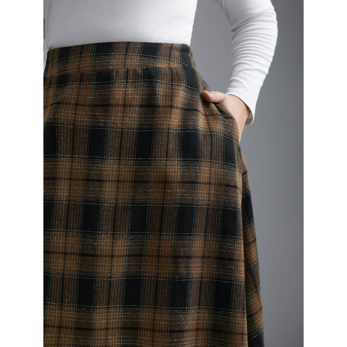 Plus Size Plaid Elastic Waist Slant Pocket Skirt Women Yellowishbrown Elegant No stretch Slanted pocket Everyday Skirts BloomChic 14-16/1X Product Image