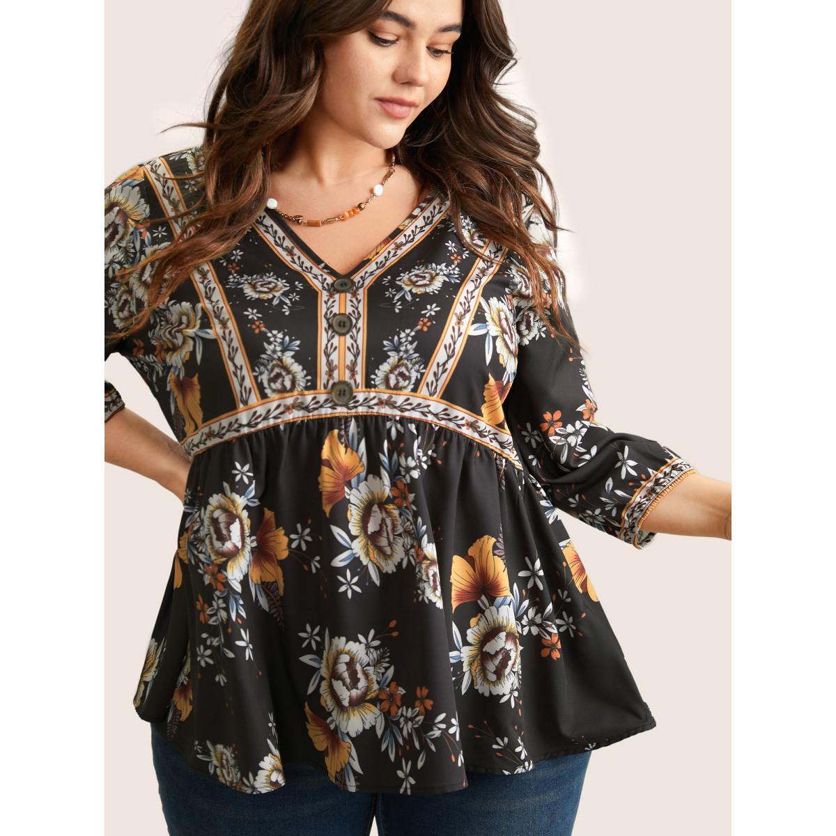 Plus Size Black Boho Print V Neck Button Detail Gathered Blouse Women Vacation Elbow-length sleeve V-neck Vacation Blouses BloomChic 28/5X Product Image