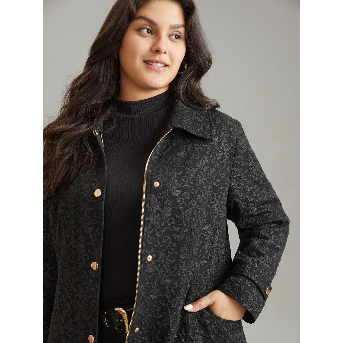 Plus Size Solid Jacquard Zipper Shirred Jacket Women Black Lined Pocket Dailywear Jackets BloomChic 30/6X Product Image