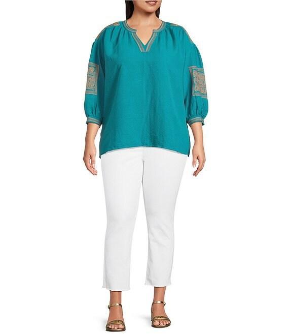 Calessa Plus Size Crinkle Textured Foulard Embroidered Split V-Neck Long Sleeve Tunic Product Image