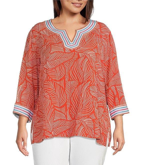 John Mark Plus Size Embroidered Allover Tropical Leaf Print Split V-Neck 3/4 Sleeve Tunic Product Image