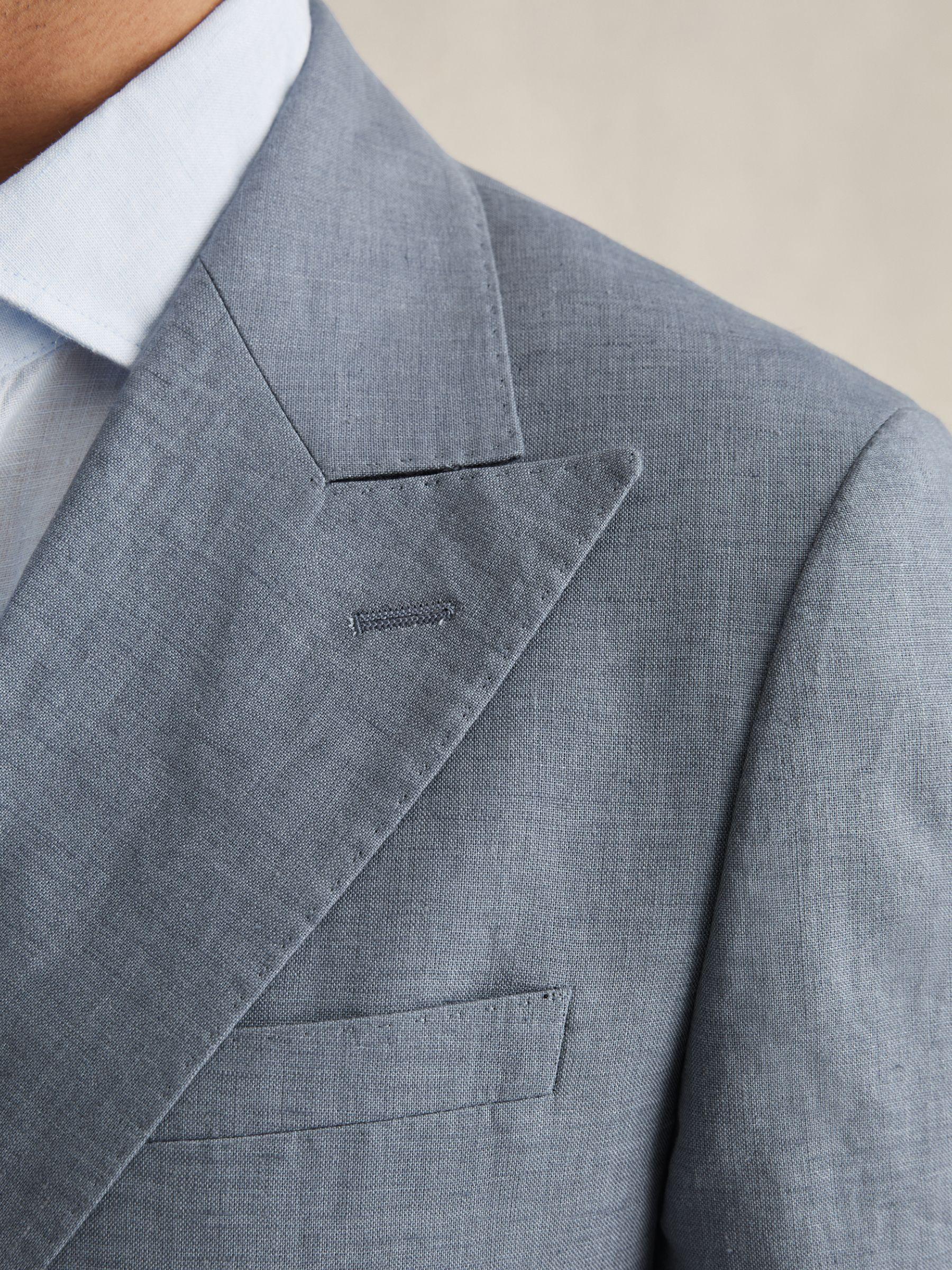 Slim-Fit Linen Double-Breasted Suit Blazer in Airforce Blue Product Image
