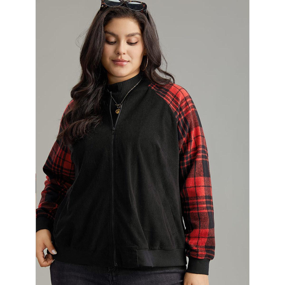Plus Size Plaid Patchwork Zipper Pocket Bomber Jacket Women Black Elastic cuffs Pocket Dailywear Jackets BloomChic 30/6X Product Image