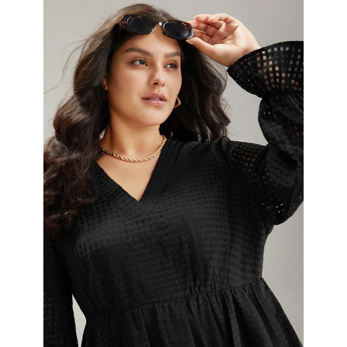 Plus Size Solid Pocket Mesh Frill Trim Dress Black Women Elegant See through V-neck Long Sleeve Curvy Midi Dress BloomChic 10/M Product Image