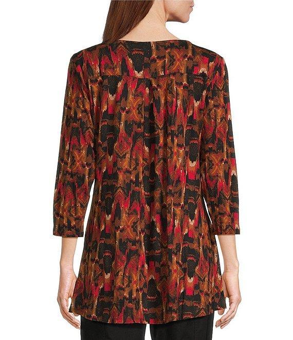 Intro Knit Jersey Abstract Geo Print 3/4 Sleeve Pleated Neck Tee Product Image