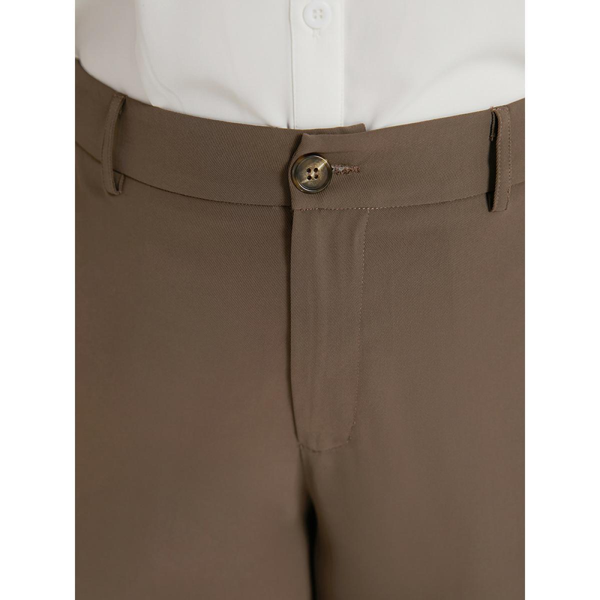 Plus Size Plain Pocket Elastic Waist High Rise Pants Women DarkBrown Office Straight Leg High Rise Work Pants BloomChic 28/5X Product Image
