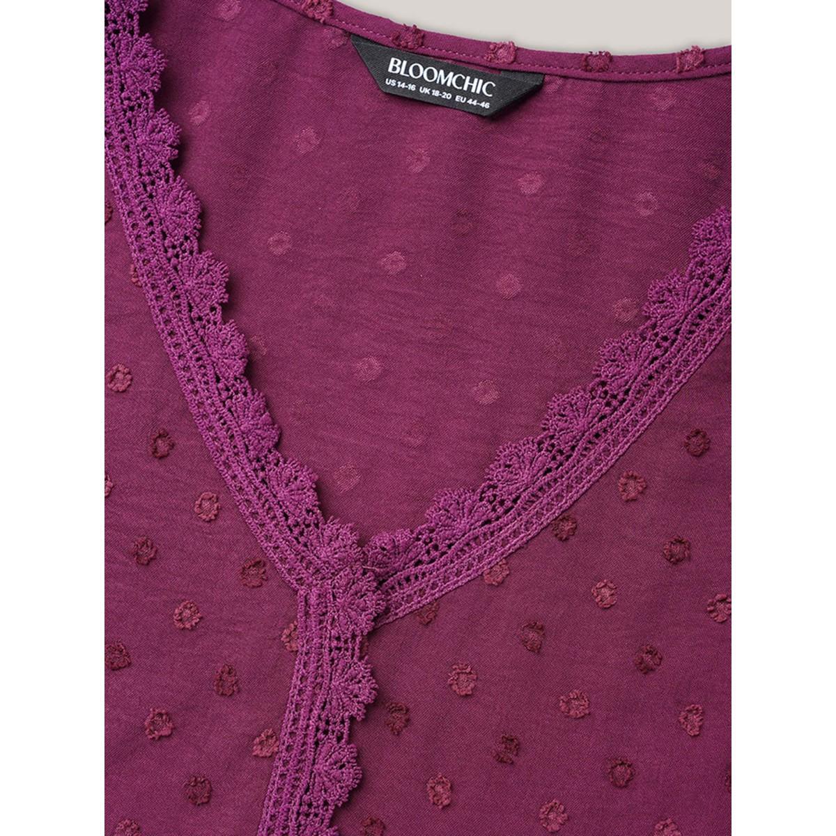 Plus Size Deeppurplered Textured Color-Block Lace Detail Shirt Women Elegant Elbow-length sleeve V-neck Everyday Blouses BloomChic 28/5X Product Image