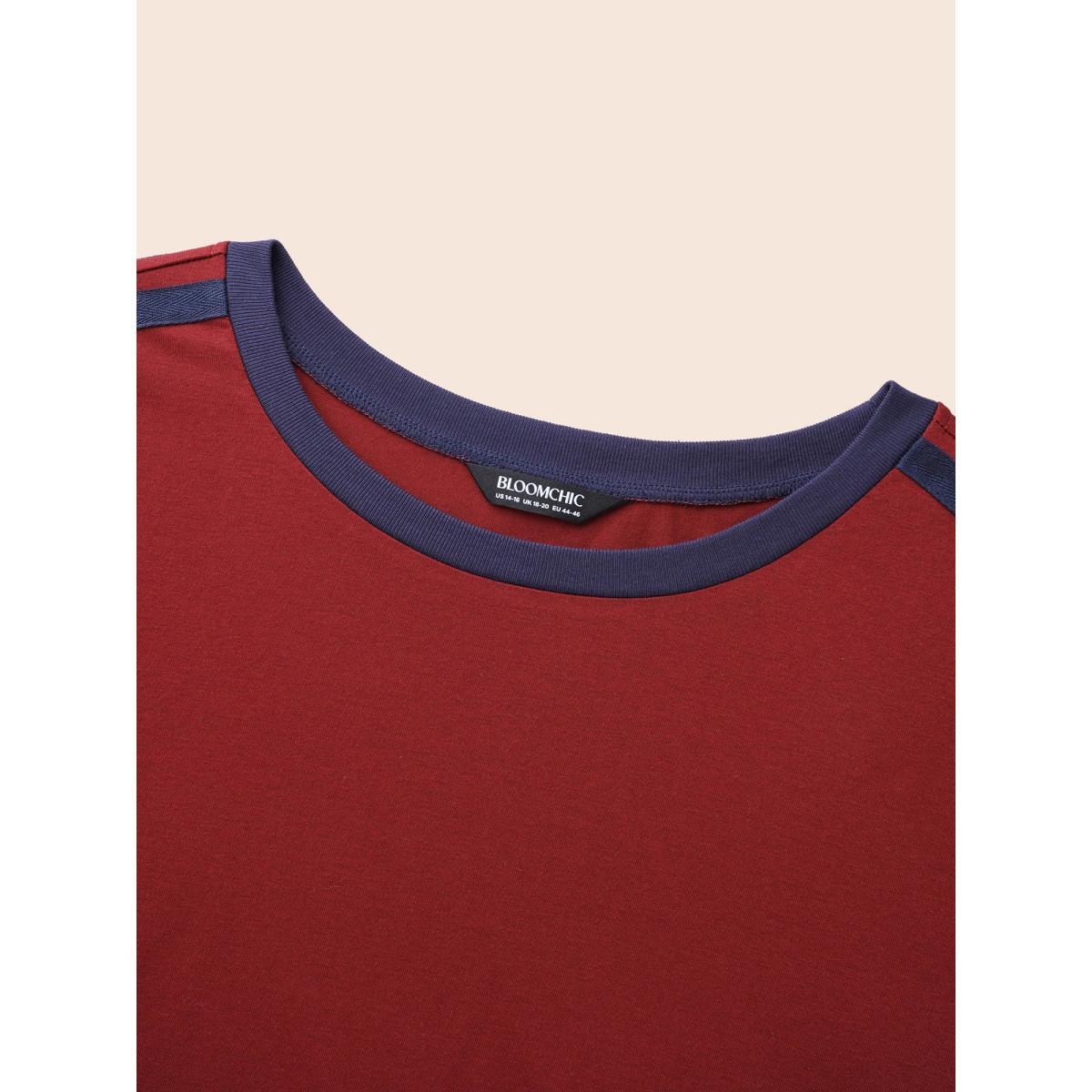 Plus Size Crew Neck Contrast Webbing T-shirt Scarlet Women Casual Contrast Round Neck Loose Everyday T-shirts BloomChic 28/5X Product Image