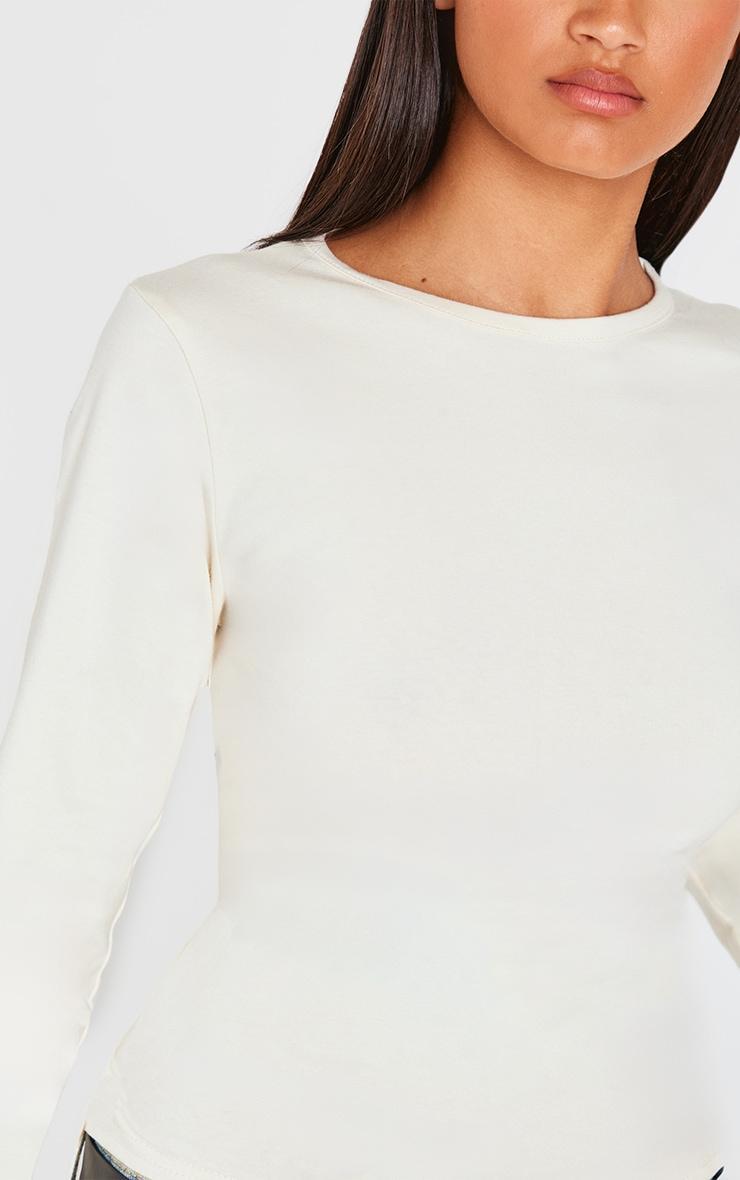 Cream Cotton Crew Neck Long Sleeve Fitted T Shirt Product Image