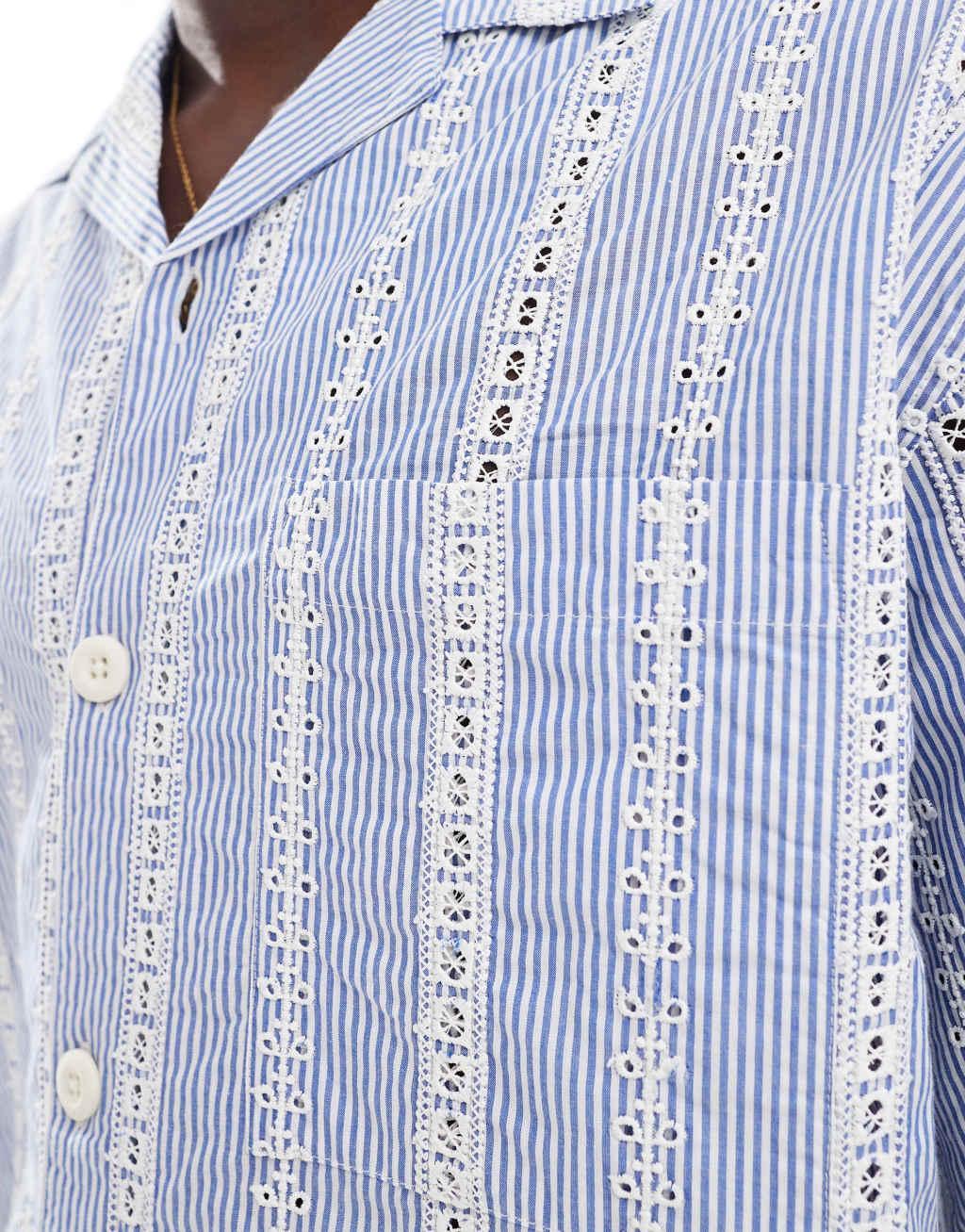 ASOS DESIGN relaxed camp collar shirt with stripe broderie in blue  Product Image