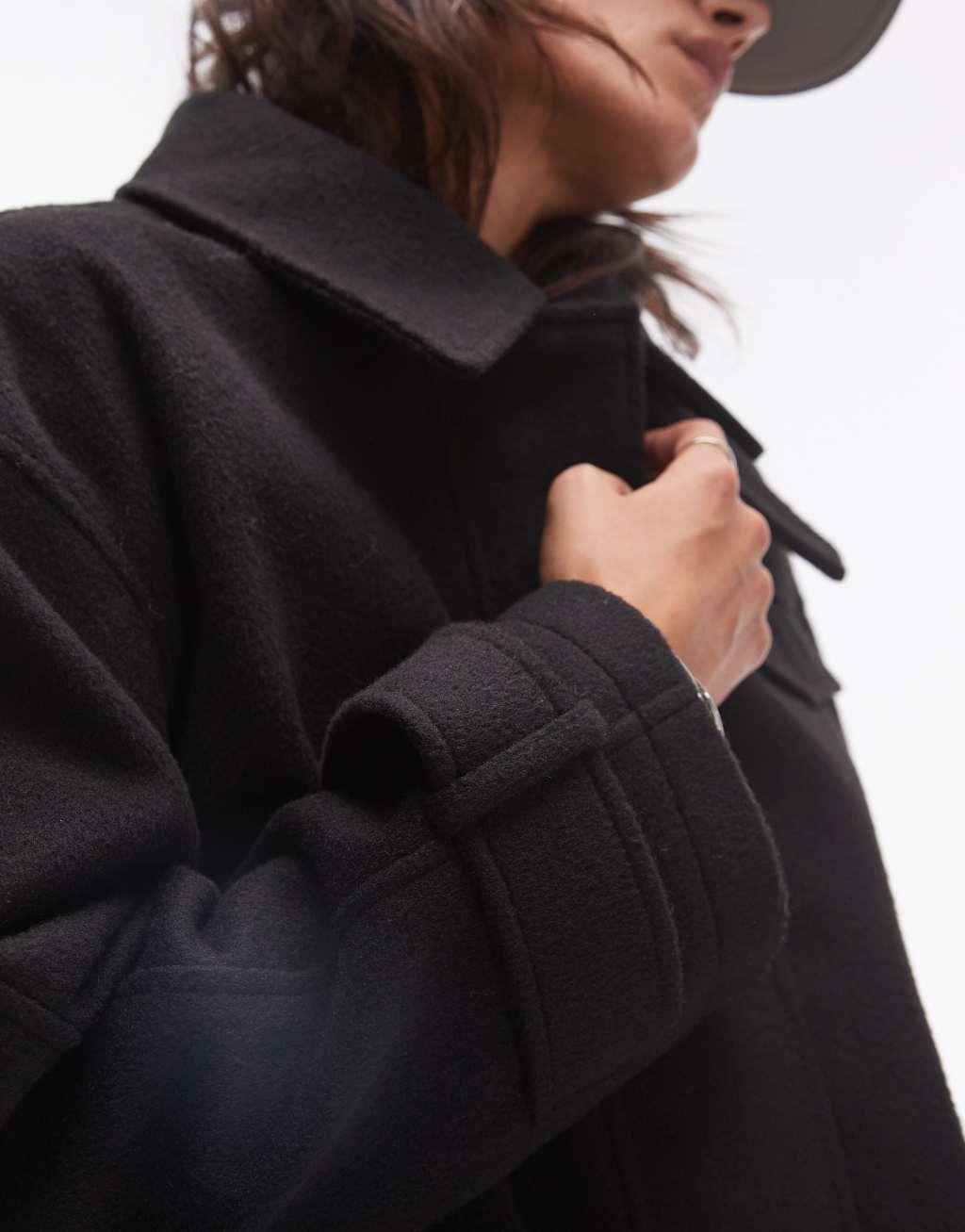 Topshop wool look bomber jacket with tab detail in black Product Image