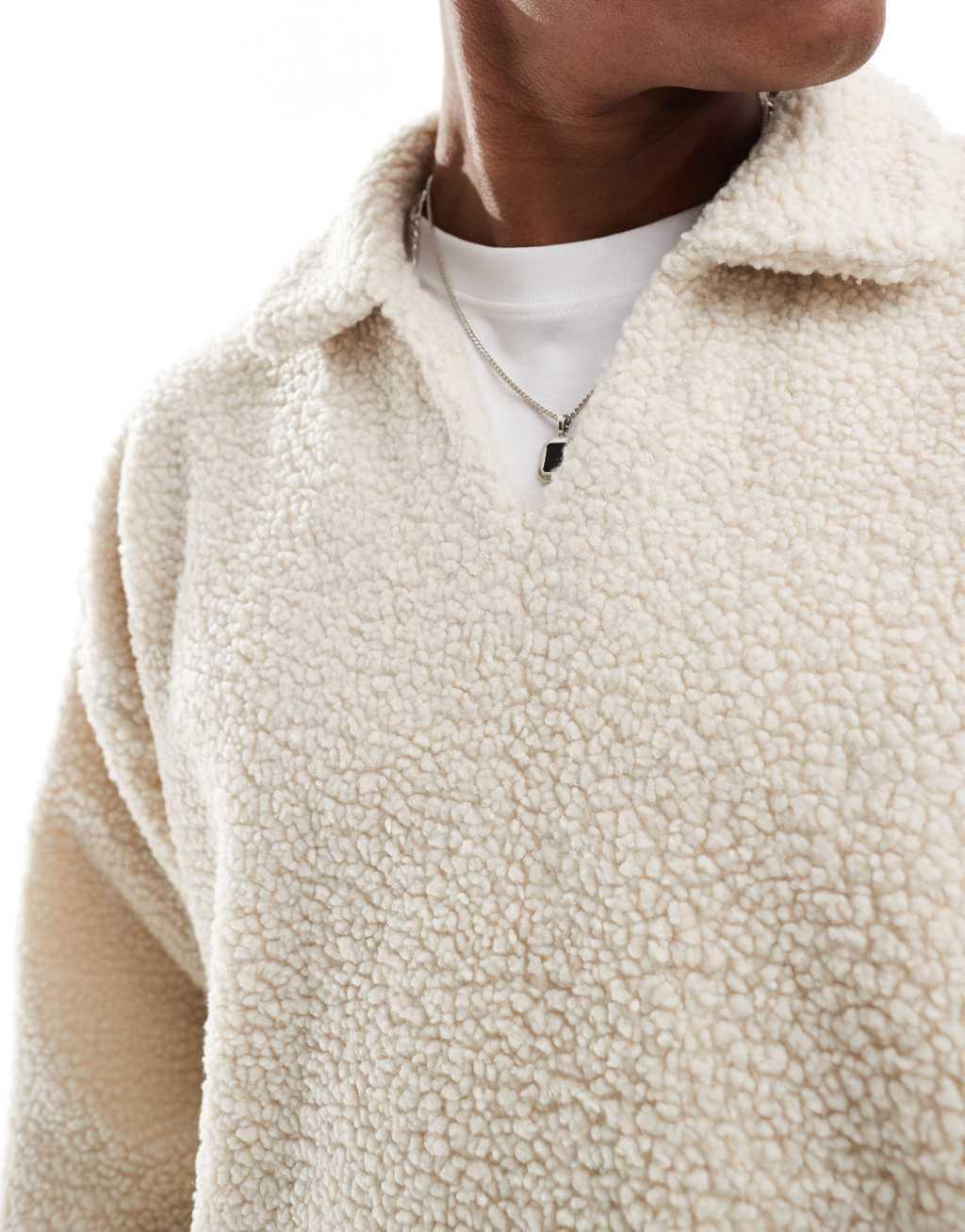 Jack & Jones borg split neck polo in beige Product Image