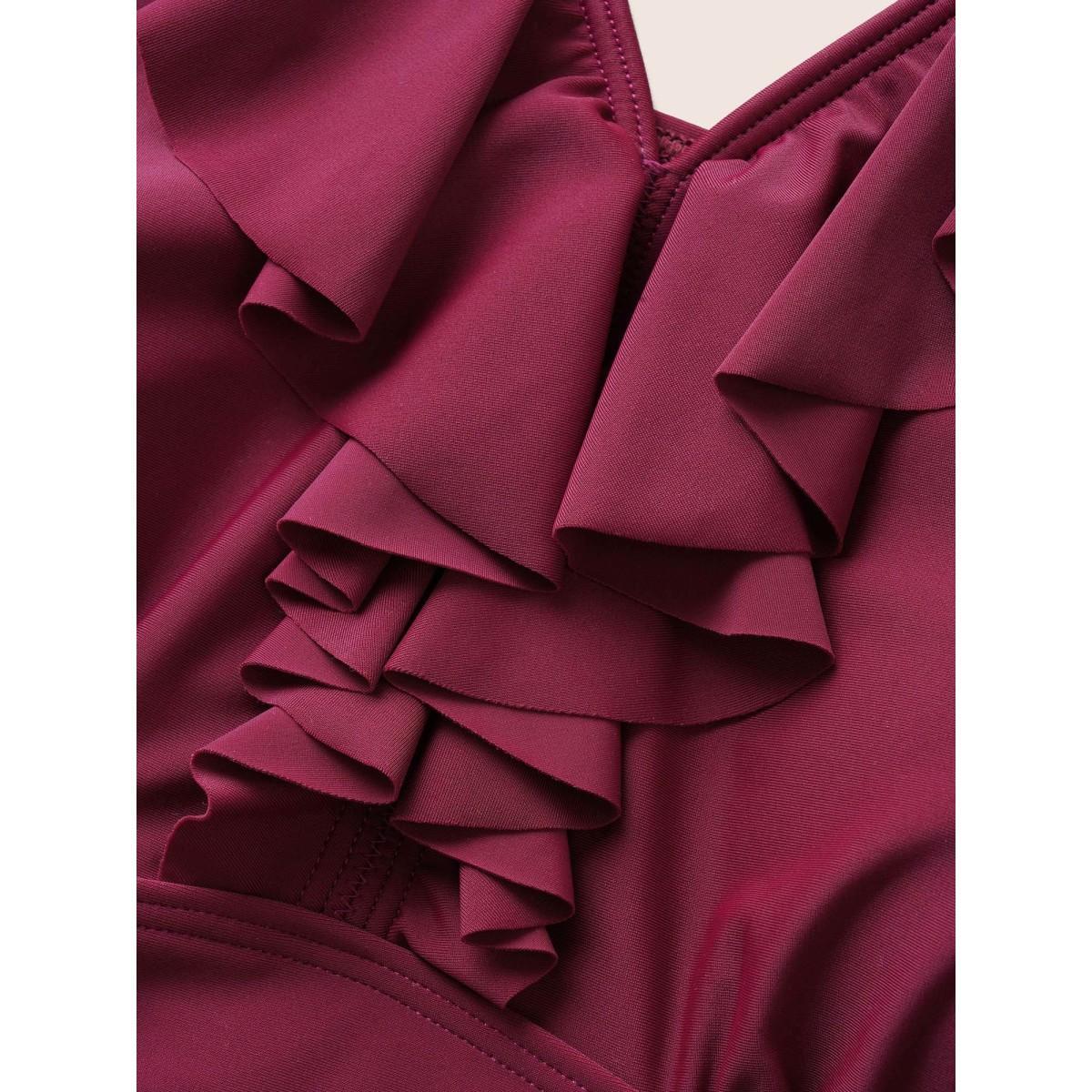 Plus Size Plain Ruffle Trim Gathered Sleeveless One Piece Swimsuit Women's Swimwear RedViolet Beach Gathered Curve Bathing Suits High stretch One Pieces BloomChic 28/5X Product Image