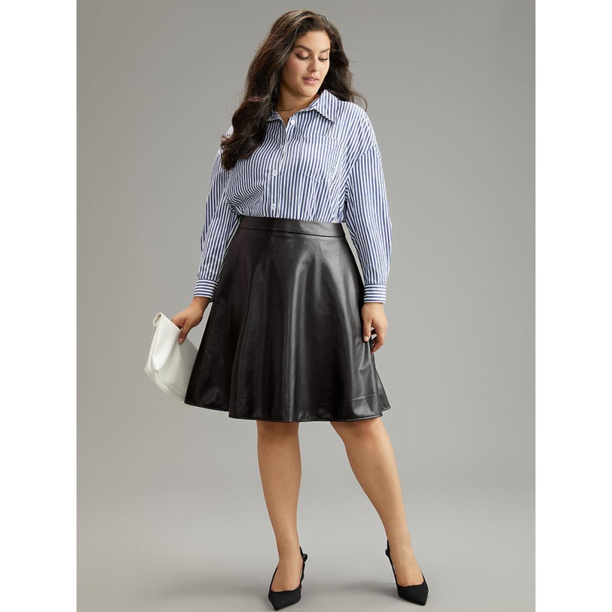 Plus Size Solid PU Cropped Ruffle Hem Skirt Women Black Office A-line No stretch Work Skirts BloomChic 28/5X Product Image