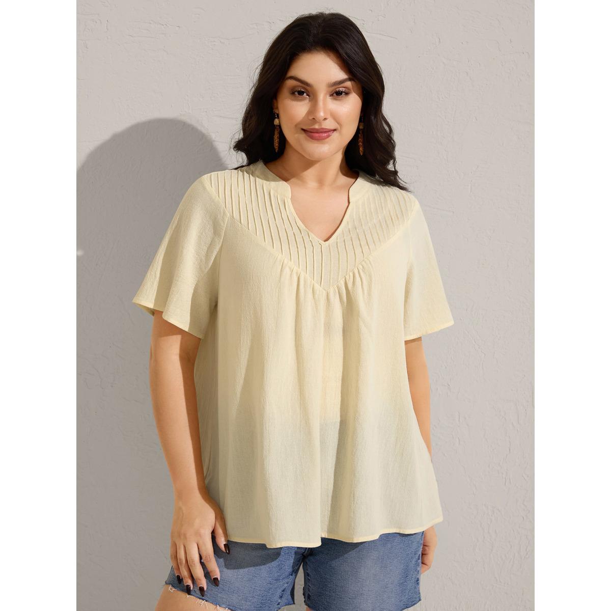 Plus Size Beige Cotton Stripe Neckline Notched Pleated Sheer Blouse Women Short sleeve Flat collar with V-notch Vacation Blouses BloomChic 14-16/1X Product Image