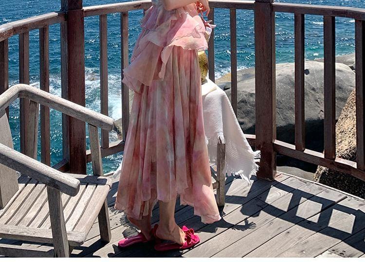 Halter-Neck Floral Print Asymmetrical Ruffled Maxi Sundress Product Image