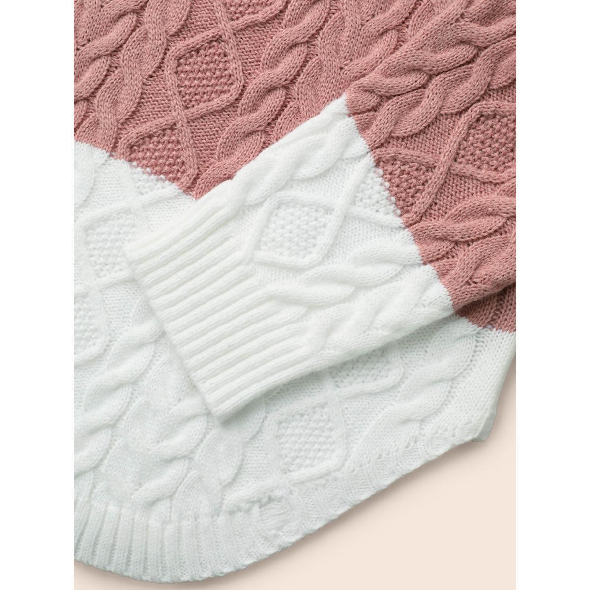 Plus Size Contrast Cable Knit Arc Hem Pullover Lilac Women Casual Loose Long Sleeve Round Neck Everyday Pullovers BloomChic 10/M Product Image