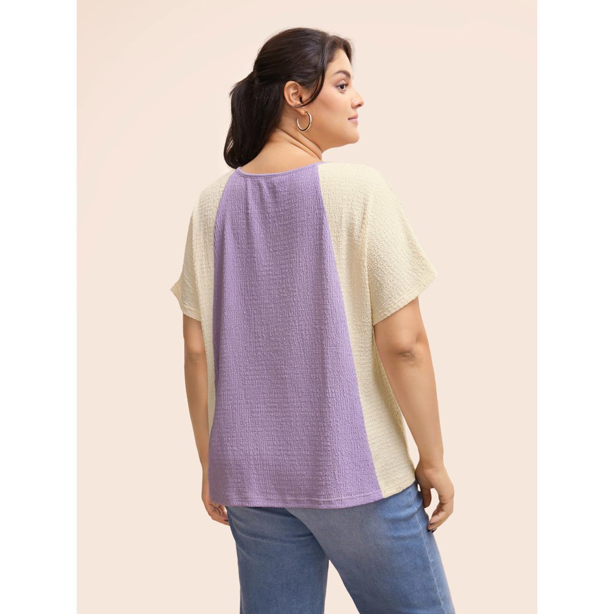 Plus Size Texture Patchwork Contrast Dolman Sleeve T-shirt Lilac Women Elegant Texture Round Neck Everyday T-shirts BloomChic 26/4X Product Image