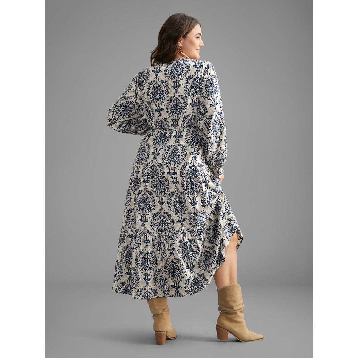 Plus Size V Neck Boho Print Ruffles Maxi Dress DarkBlue Women Resort Ruffles V-neck Long Sleeve Curvy BloomChic 26/4X Product Image