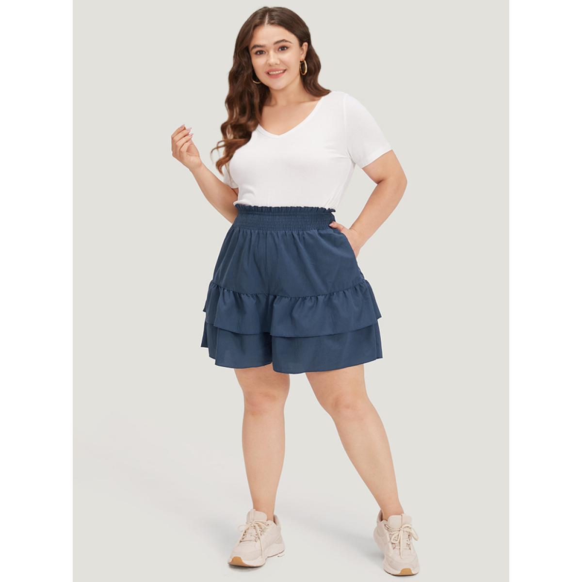 Plus Size Solid Paperbag Waist Shirred Layered Hem Shorts Women Indigo Casual Plain Dailywear Shorts BloomChic 14-16/1X Product Image