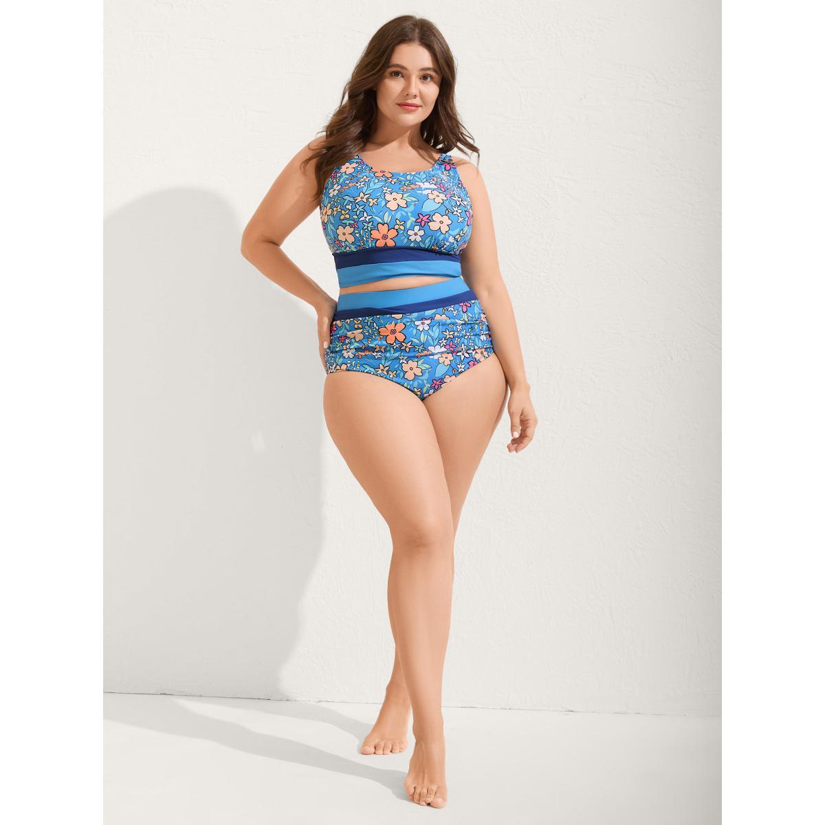 Plus Size Floral Print Color Contrast Swim Top Women's Swimwear Skyblue Beach Contrast High stretch Skinny U-neck Curve Swim Tops BloomChic 14-16/1X Product Image