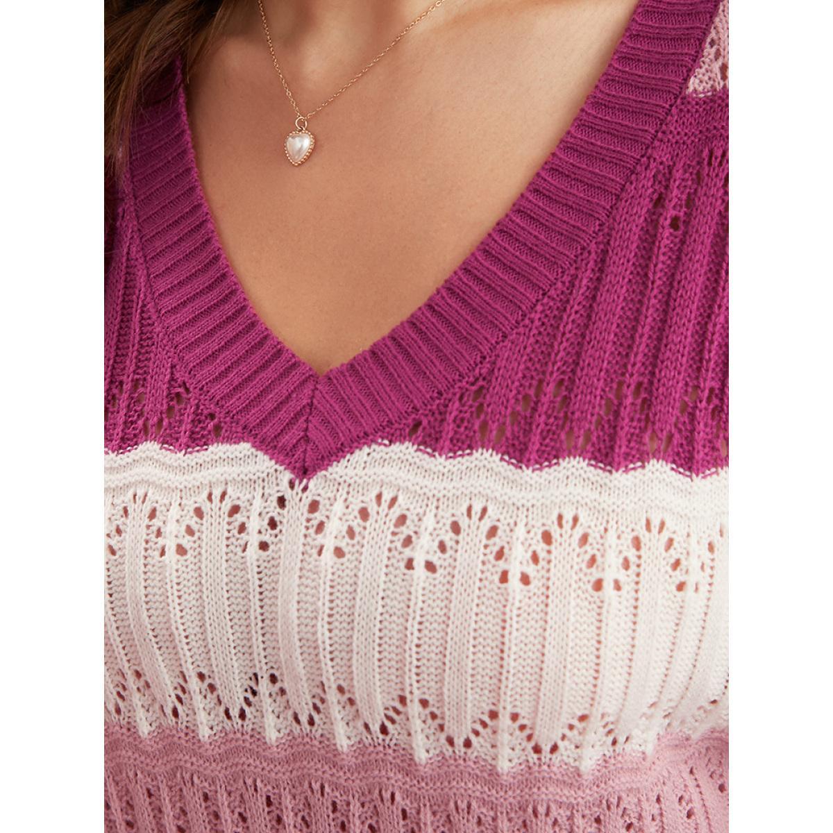Plus Size Colorblock Contrast Pointelle Knit Cut Out V Neck Knit Top Multicolor Women Casual Loose Long Sleeve V-neck Dailywear Pullovers BloomChic 28/5X Product Image