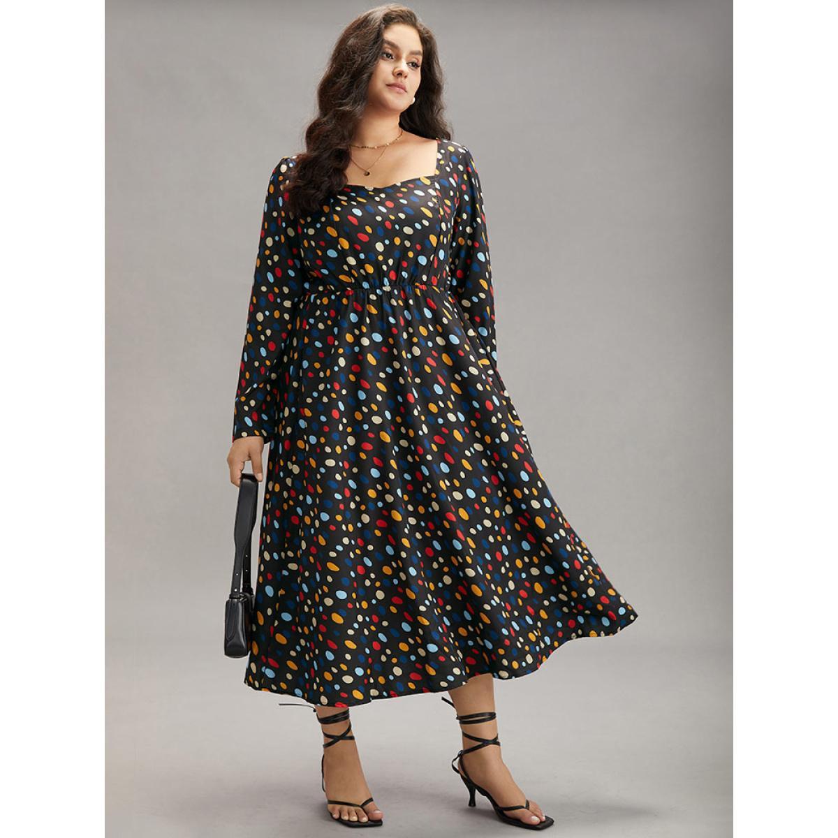 Plus Size Contrast Polka Dot Pocket Long Sleeve Dress Black Women Elegant Printed Square Neck Long Sleeve Curvy Midi Dress BloomChic 30/6X Product Image