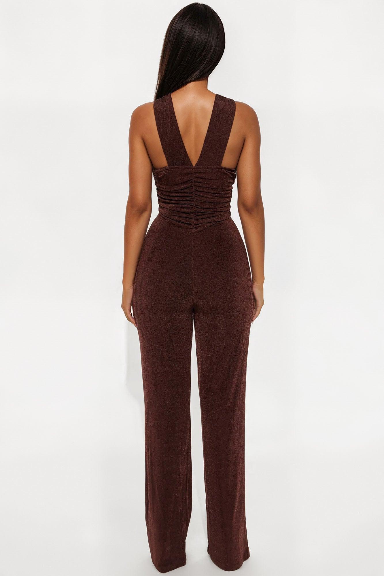 On Your Mind Slinky Wide Leg Jumpsuit - Chocolate Product Image