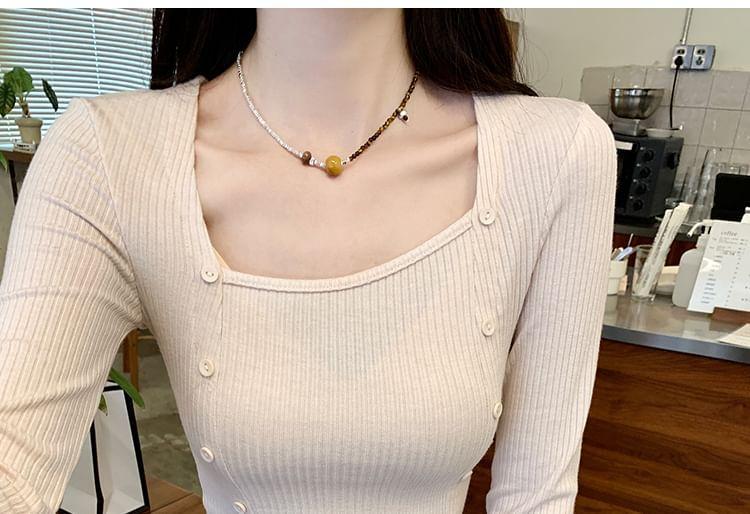 Long Sleeve Square Neck Plain Ribbed Knit Cropped Top Product Image