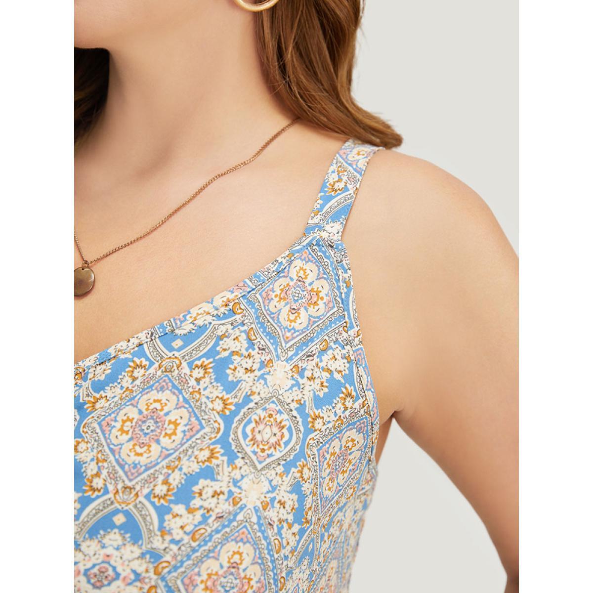 Plus Size Bandana Knotted Pocket Ruffle Hem Empire Waist Cami Dress Multicolor Women Vacation Adjustable Straps V-neck Sleeveless Curvy Midi Dress BloomChic 10/M Product Image