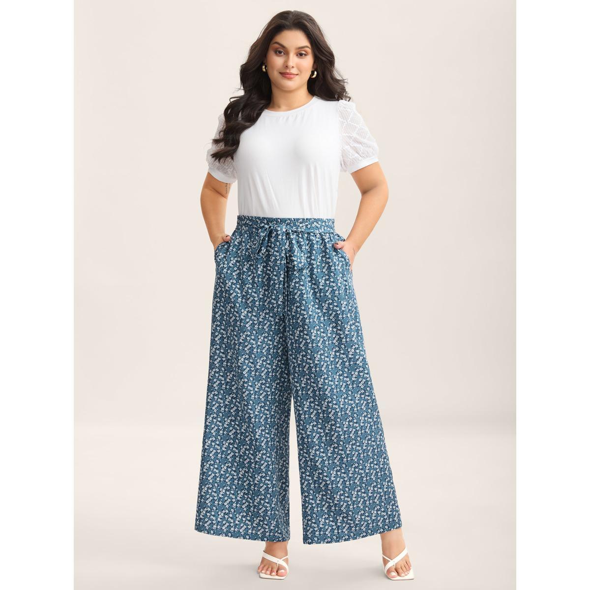 Plus Size Floral Print Belted Wide-Leg Pants Women Mediumblue Elegant Wide Leg Mid Rise Everyday-Elegant Pants BloomChic 30/6X Product Image