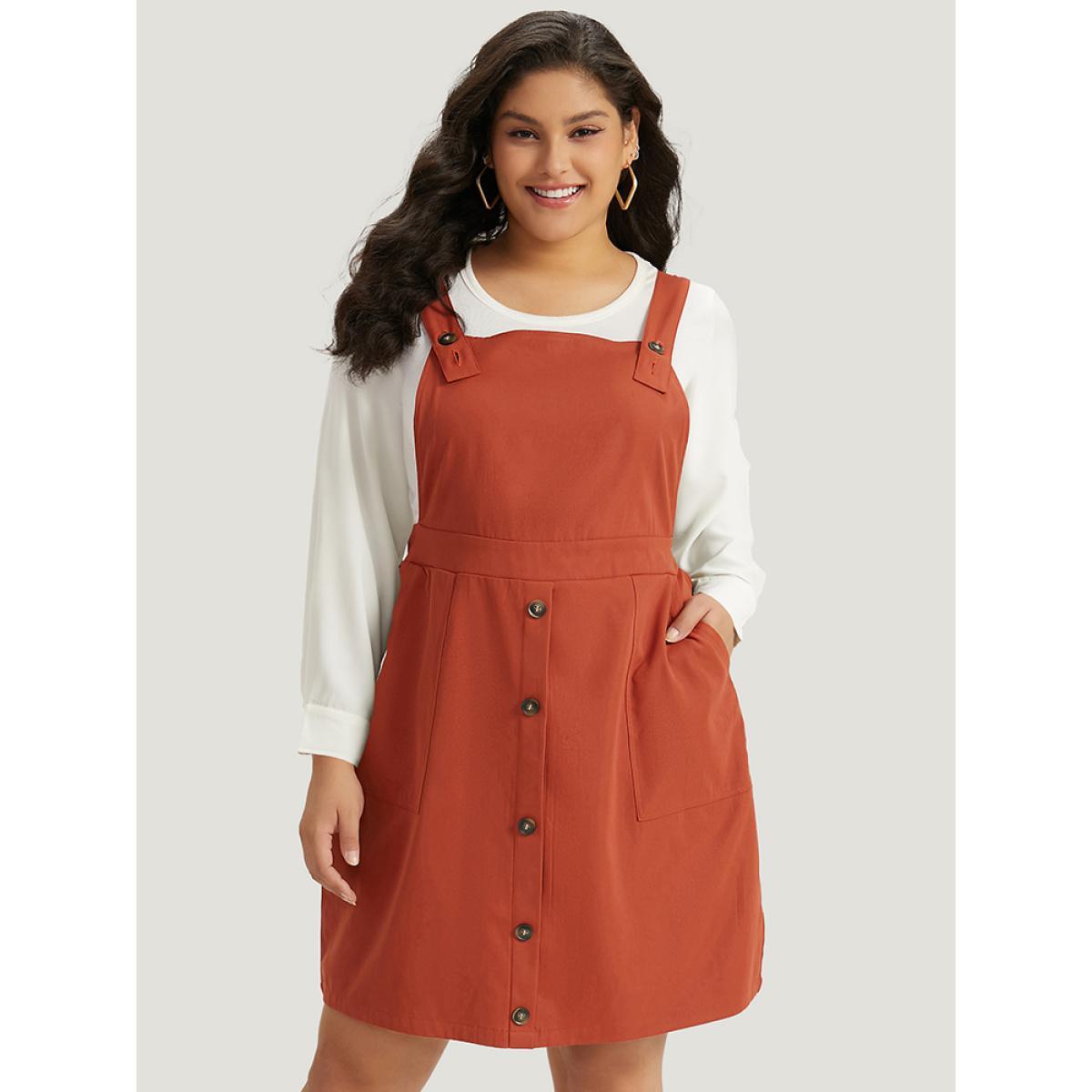 Plus Size Plain Button Up Pocket Suspender Skirt Brown Women Casual Adjustable Straps Spaghetti Strap Sleeveless Curvy Knee Dress BloomChic 10/M Product Image