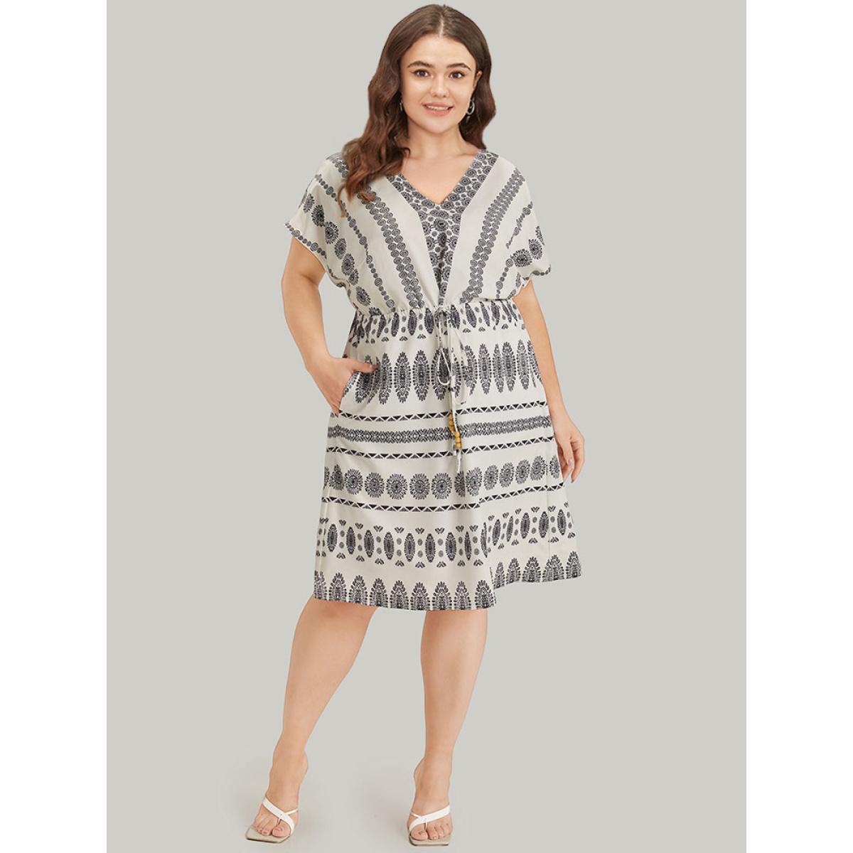 Plus Size Boho Print V Neck Dolman Sleeve Drawstring Dress White Women Vacation Elastic Waist V-neck Short sleeve Curvy Knee Dress BloomChic 18-20/2X Product Image