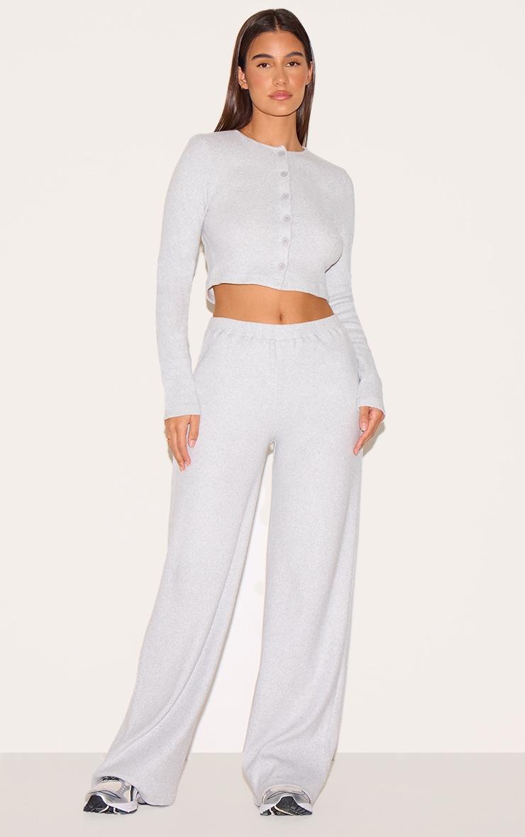Ash Grey Brushed Rib Wide Leg Pants Product Image