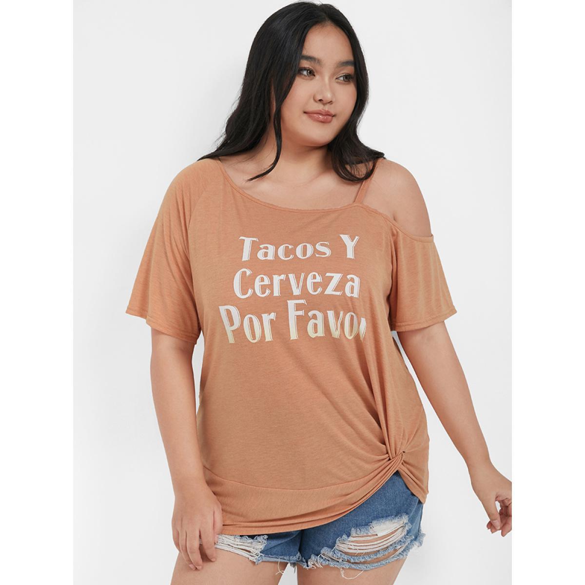 Plus Size Plain Twist Front Off Shoulder T-shirt Salmon Women Casual Gathered Plain Round Neck Dailywear T-shirts BloomChic 10/M Product Image