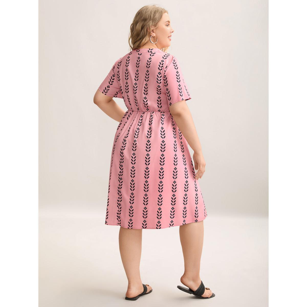 Plus Size Boho Striped Split Neck Midi Dress Blush Women Resort Non Flat collar with V-notch Short sleeve Curvy BloomChic 18-20/2X Product Image