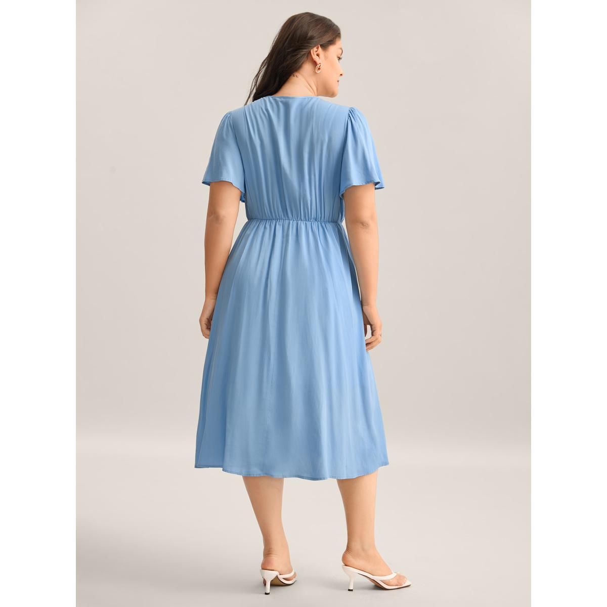 Plus Size Rayon Floral Detail Cinched-Waist Midi Dress Skyblue Women V-neck Short sleeve Curvy BloomChic 22-24/3X Product Image
