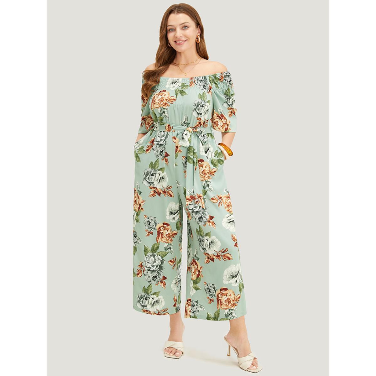 Plus Size Sage Floral Flutter Sleeve Gathered Belt Pocket Jumpsuit Women Elegant Short sleeve Round Neck Dailywear Loose Jumpsuits BloomChic 12/L Product Image