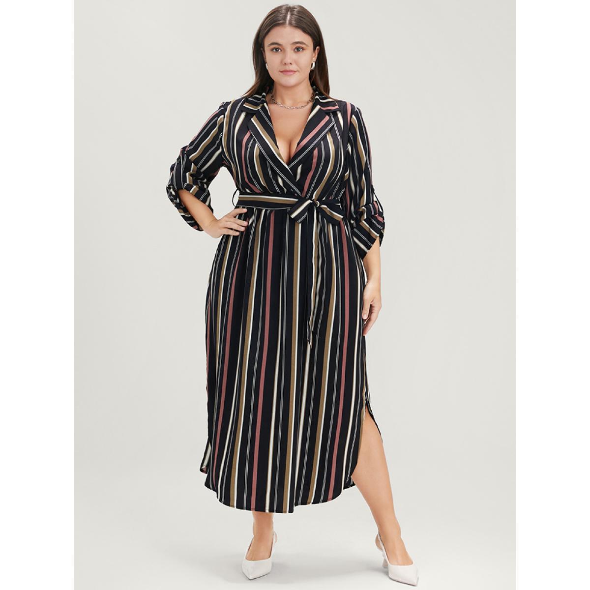 Plus Size Striped Lapel Collar Cuffed Sleeve Pocket Belted Arc Hem Dress DarkBlue Women Office Belted Lapel Collar Long Sleeve Curvy Midi Dress BloomChic 14-16/1X Product Image
