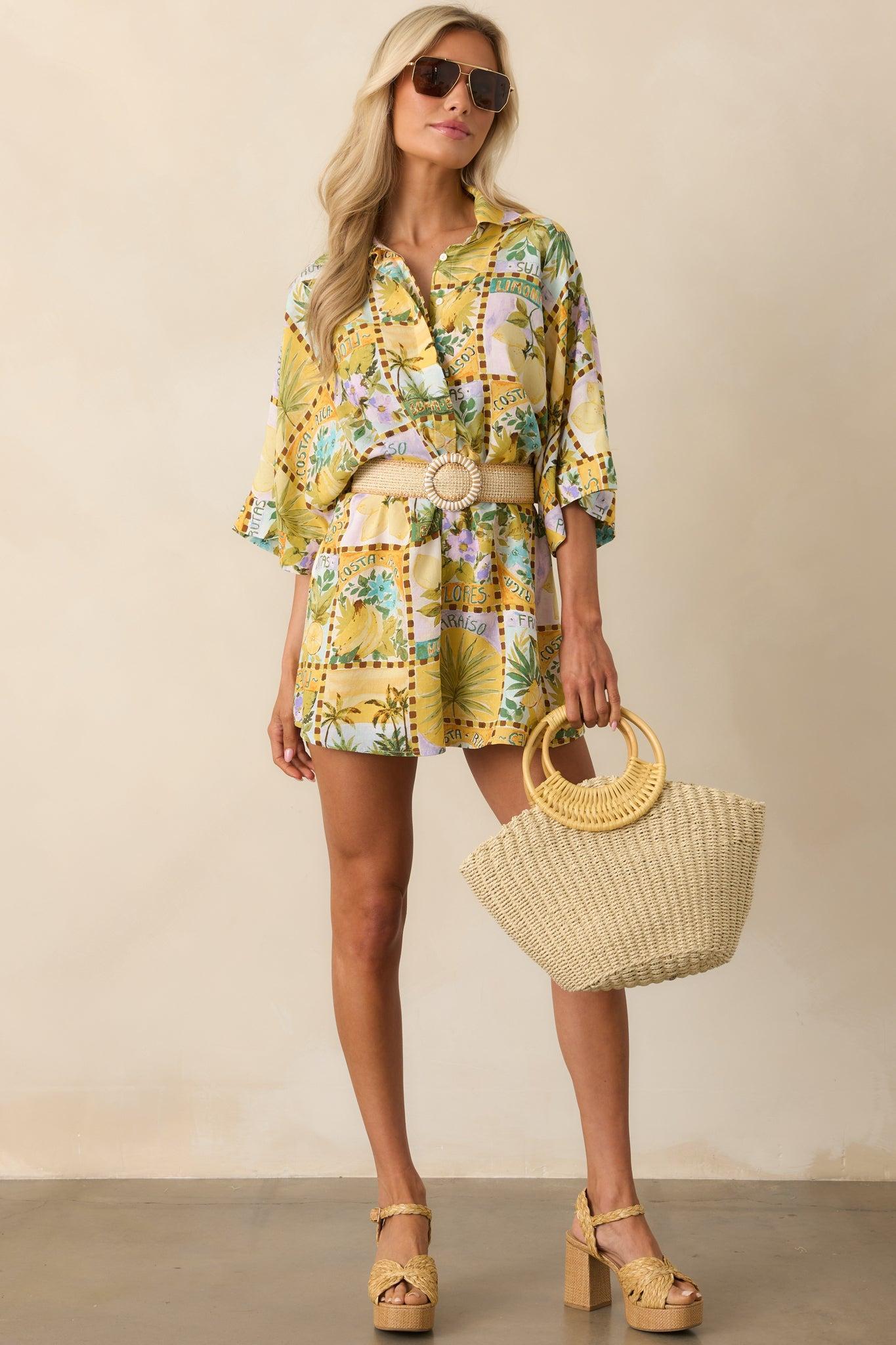 Views From The Veranda Yellow Tropical Print Linen Blend Romper Product Image